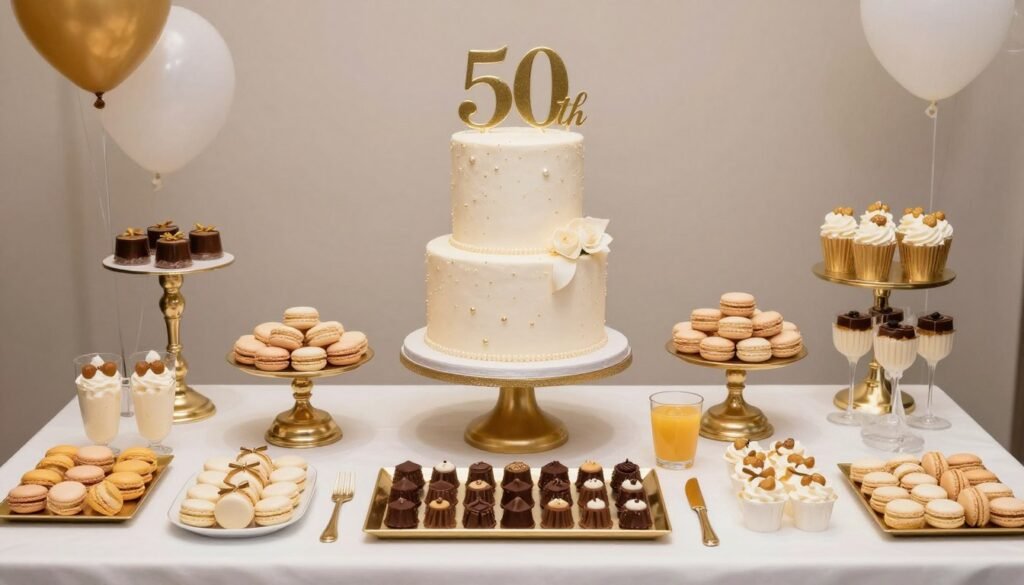elegant dessert table with cake and treats