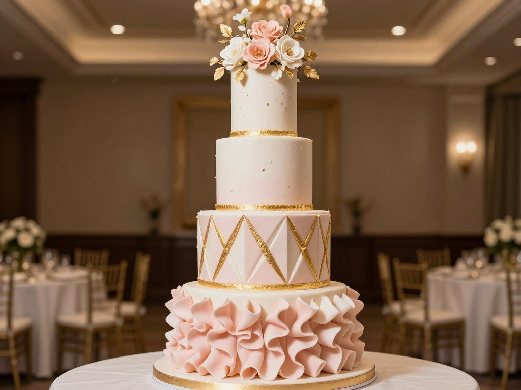 elegant four-tier 50th birthday cake with varied decorative techniques on each tier