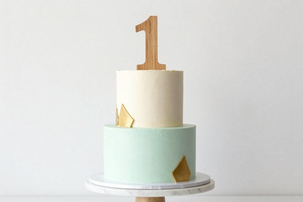 elegant gender-neutral first birthday cake in mint and cream colors