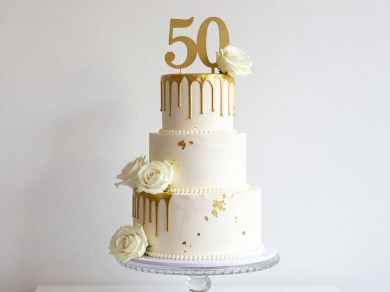 elegant gold 50th birthday cake with gold leaf accents and white fondant