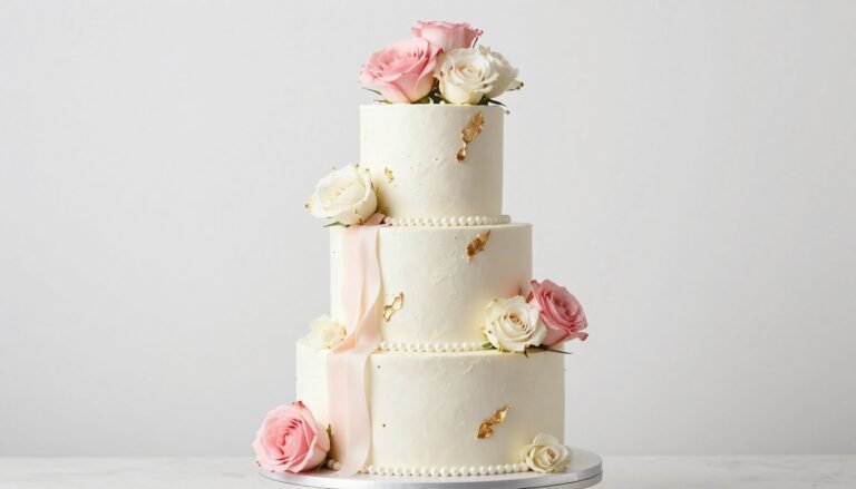 elegant multi-tier white birthday cake with fresh roses and gold accents for sophisticated lady celebration