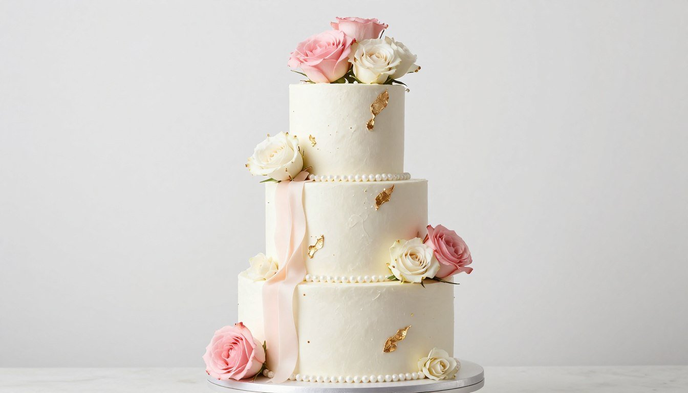 elegant multi-tier white birthday cake with fresh roses and gold accents for sophisticated lady celebration