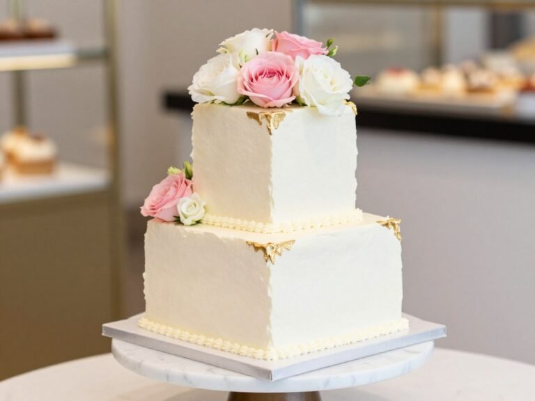 elegant square birthday cake with fresh flowers and cream frosting