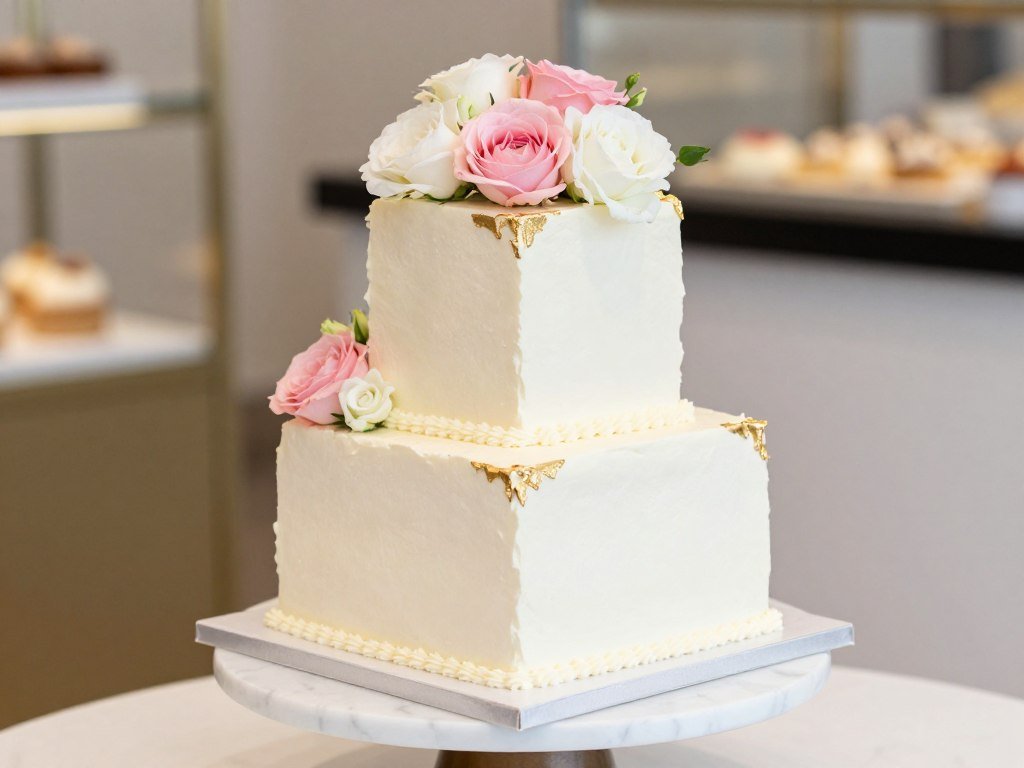 elegant square birthday cake with fresh flowers and cream frosting
