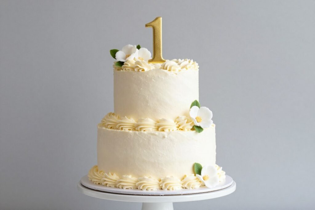 elegant two-tier first birthday cake with buttercream frosting and floral decorations