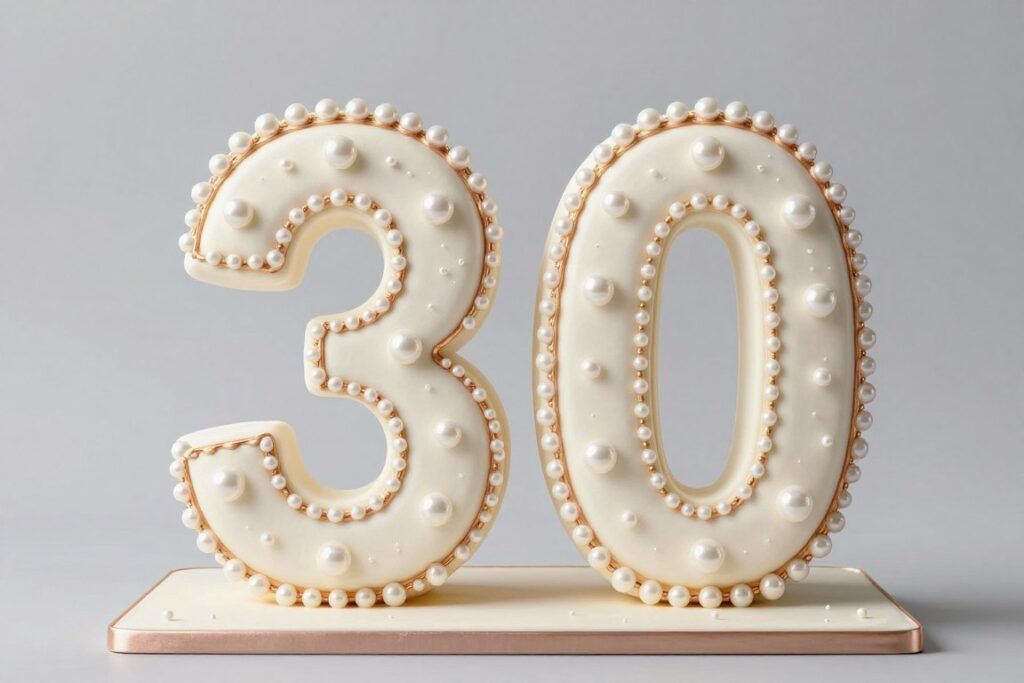 elegant white number 30 cake with pearl and rose gold accents