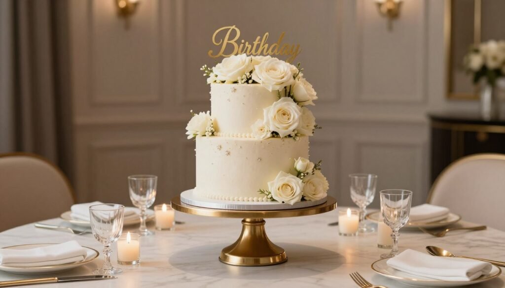 elegantly styled birthday cake on luxury cake stand