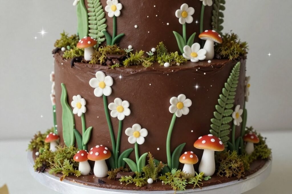 enchanted forest chocolate cake with woodland flowers and moss details