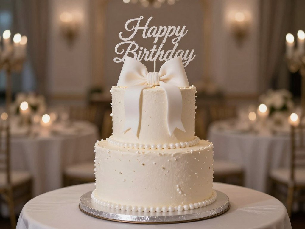 evening presentation of white coquette birthday cake with romantic lighting evening presentation of white coquette birthday cake with romantic lighting