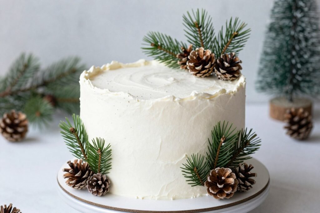 evergreen and white winter birthday cake with pinecones