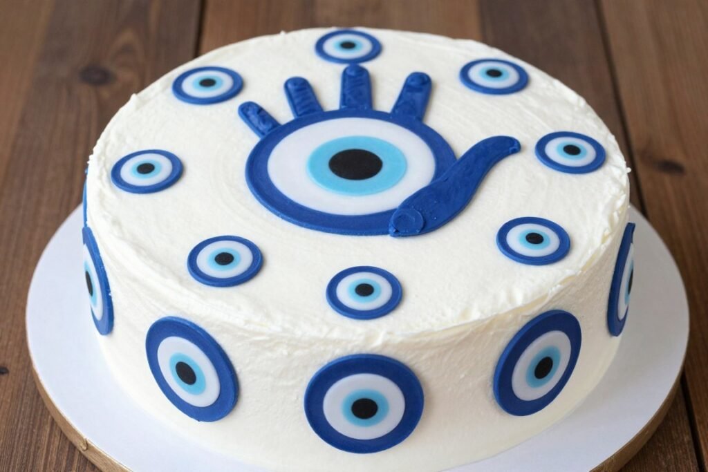 evil eye birthday cake blue white spiritual design