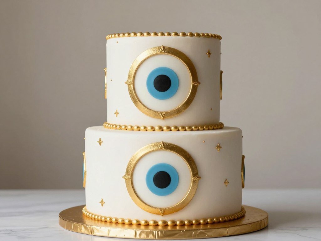 evil eye birthday cake with gold accents luxury spiritual