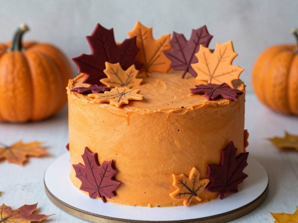fall autumn birthday cake with leaves and warm spice colors