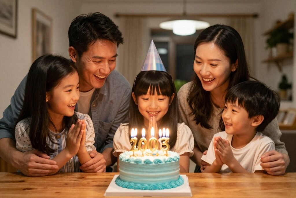 family celebrating with blue birthday cake family celebrating with blue birthday cake