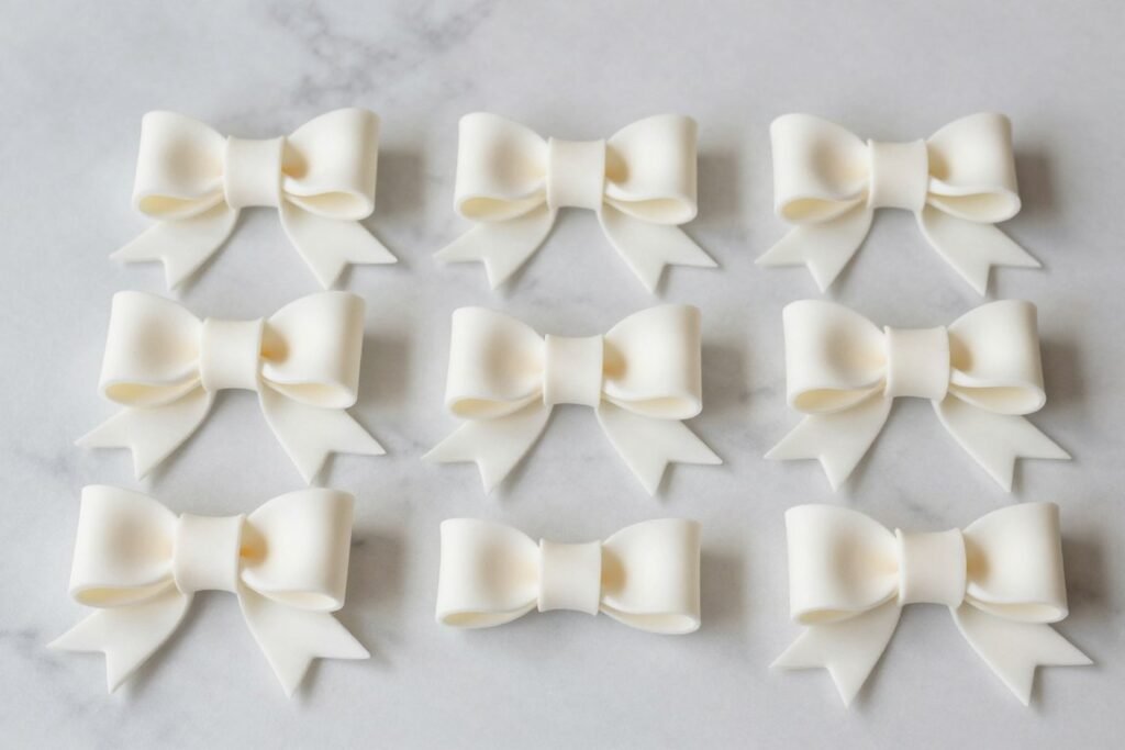 finished fondant bows in various sizes for coquette cake decoration finished fondant bows in various sizes for coquette cake decoration