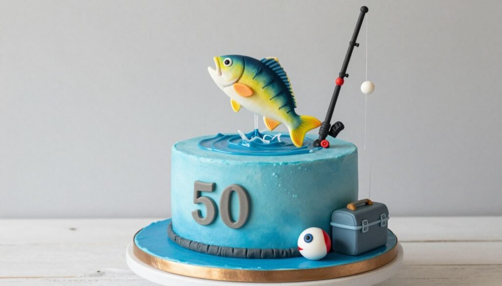fishing themed 50th birthday cake with edible fish