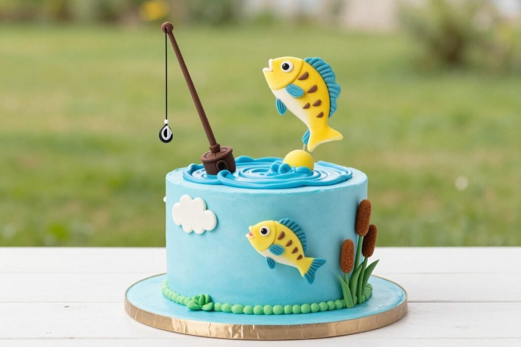 fishing-themed birthday cake with lake scene and edible fish decorations fishing-themed birthday cake with lake scene and edible fish decorations