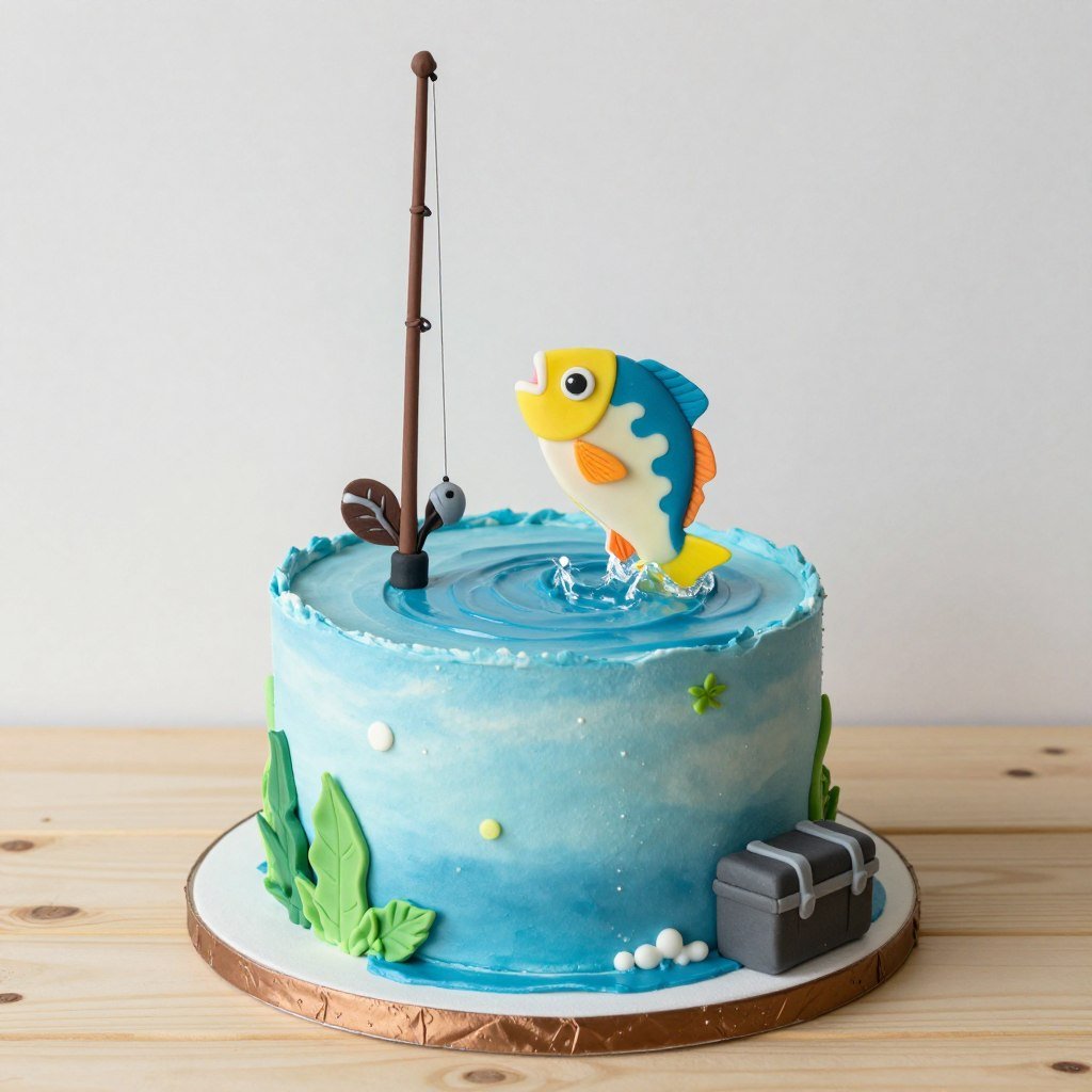 fishing-themed cake with edible fish and water details