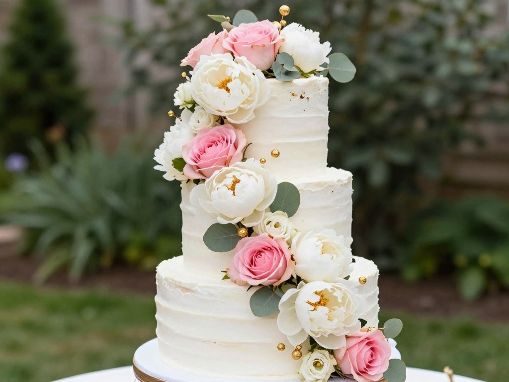 floral 50th birthday cake with fresh roses and peonies cascading down tiers