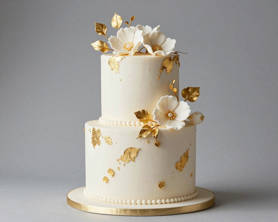 fondant birthday cake adorned with sugar flowers and gold accents