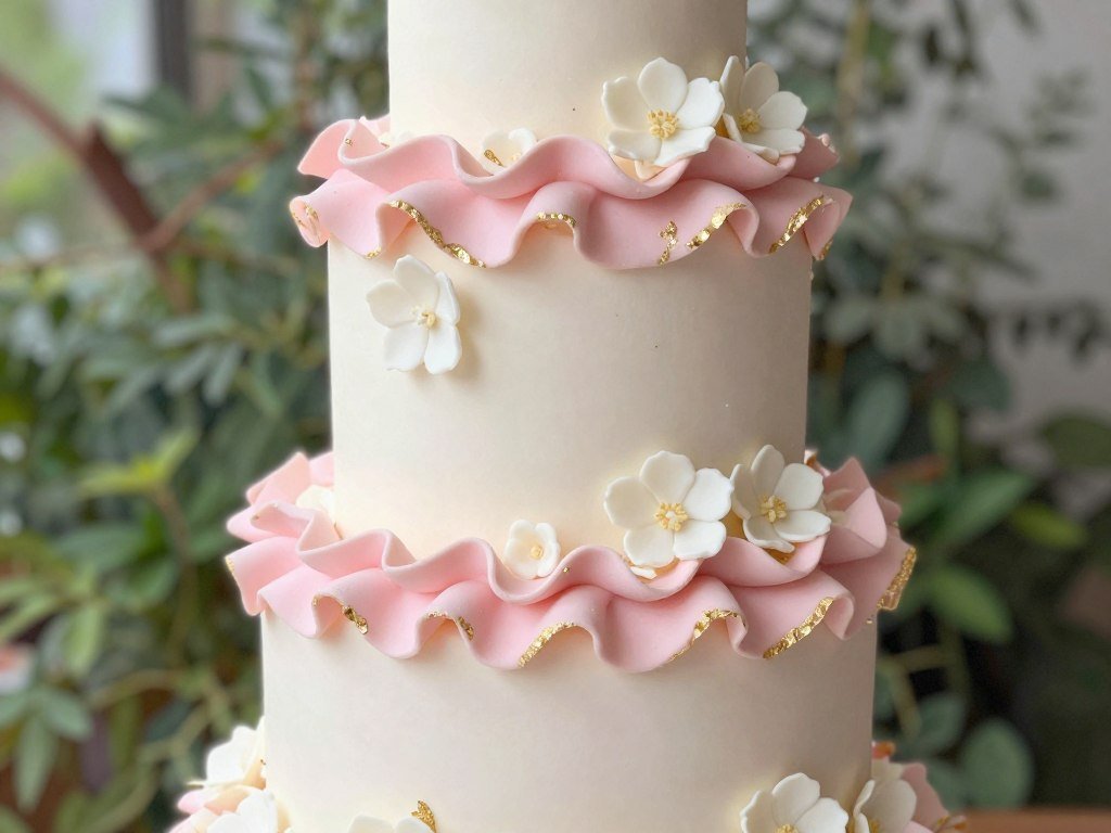 fondant cake with ruffles and sugar flowers combined fondant cake with ruffles and sugar flowers combined