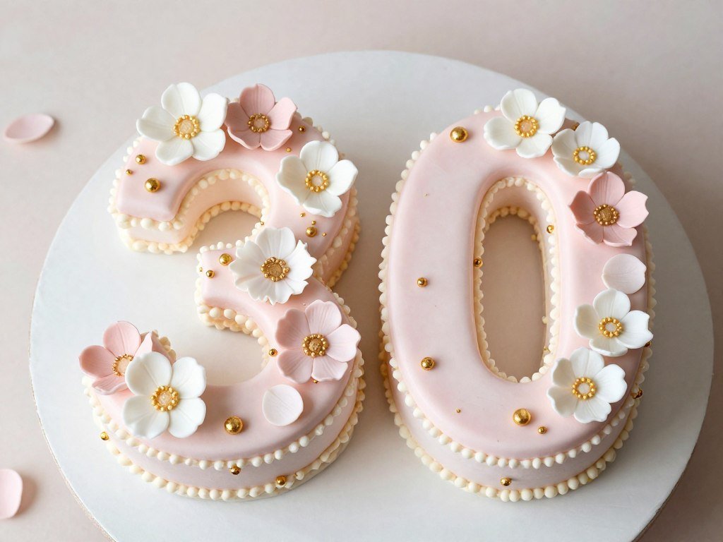 fondant covered number 30 cake with flowers