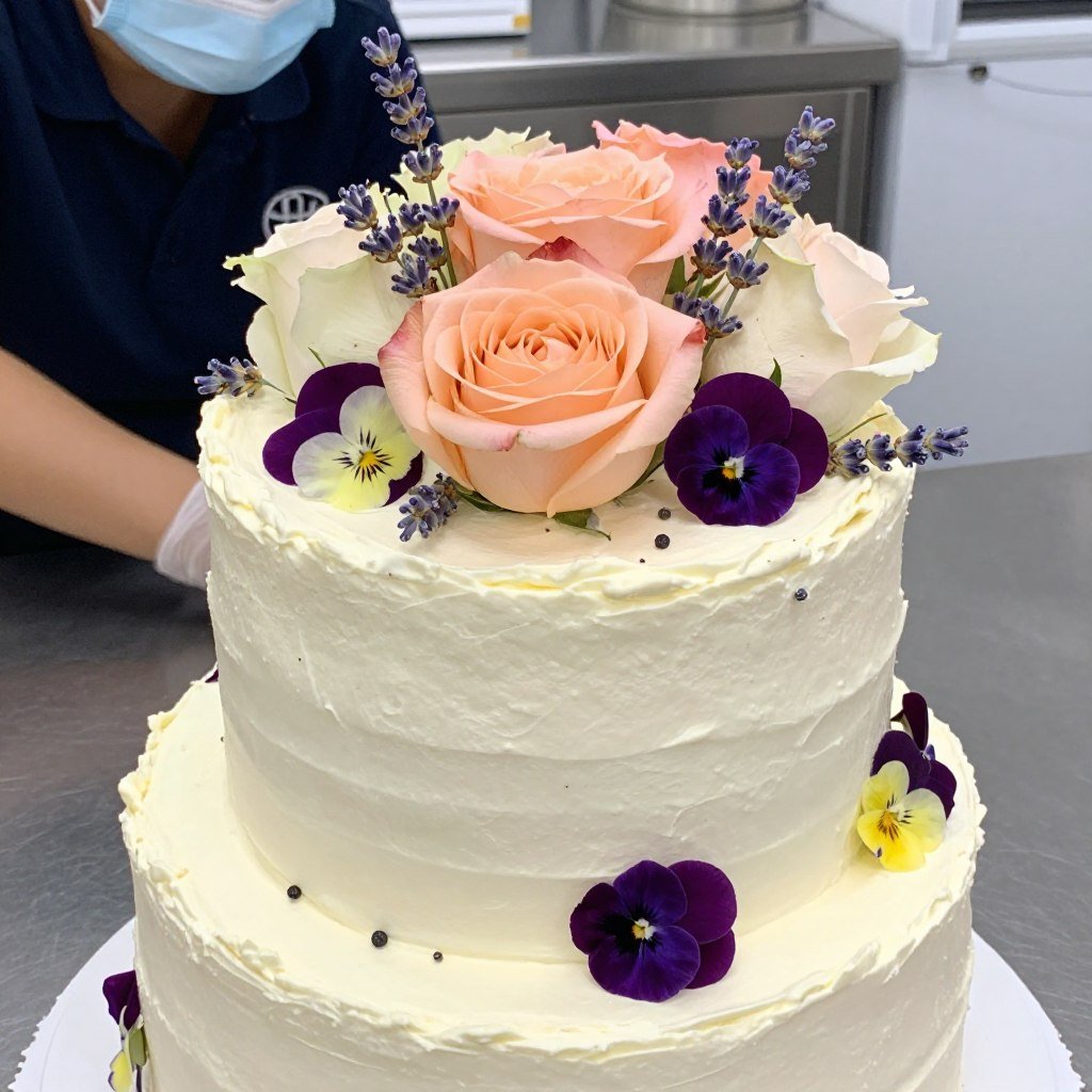 food-safe flowers arranged on birthday cake