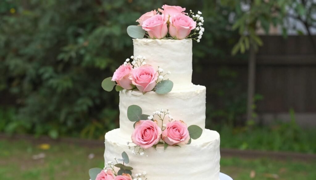 fresh flower birthday cake with roses and greenery