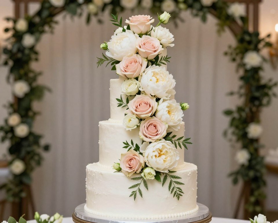 fresh flower cascade arrangement on birthday cake