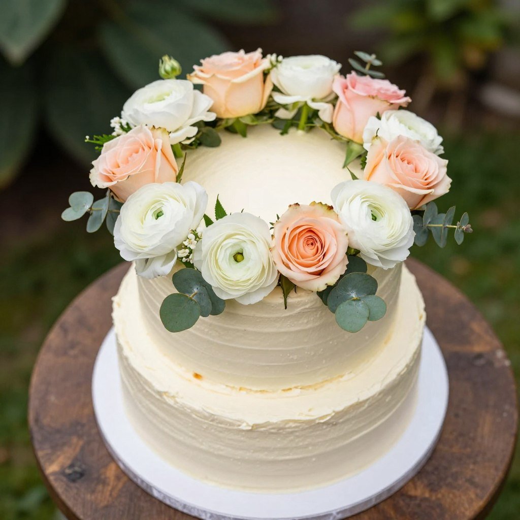 fresh flower crown on top of birthday cake