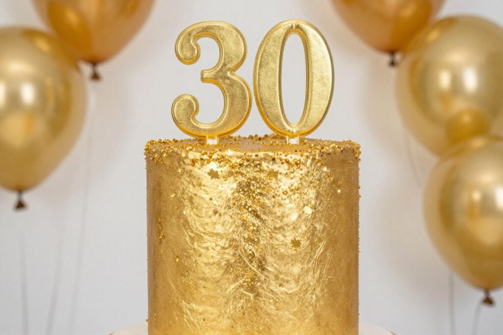 full gold shimmer birthday cake with sparkle finish