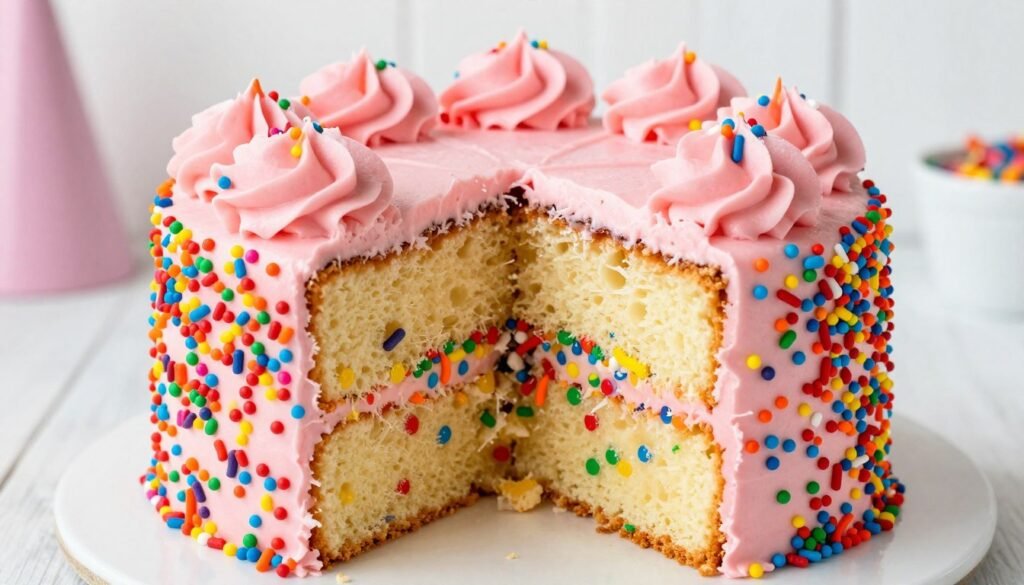 funfetti cake with pink buttercream and sprinkles funfetti cake with pink buttercream and sprinkles