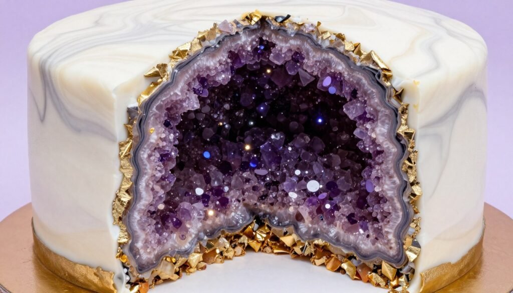 geode birthday cake with purple amethyst crystals