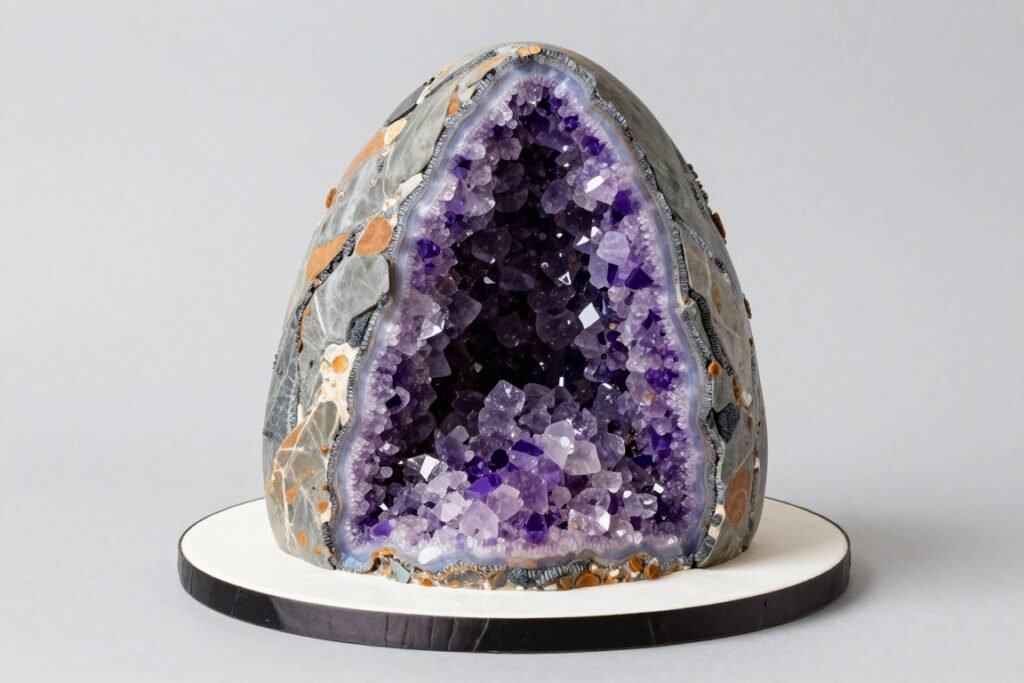 geode birthday cake with purple crystal candy center