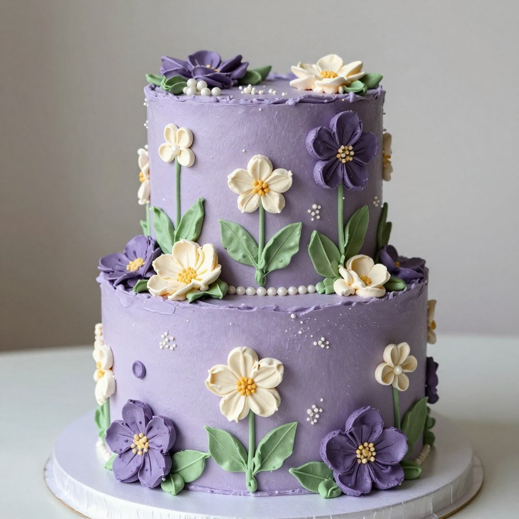 girly aesthetic purple cake with piped flowers