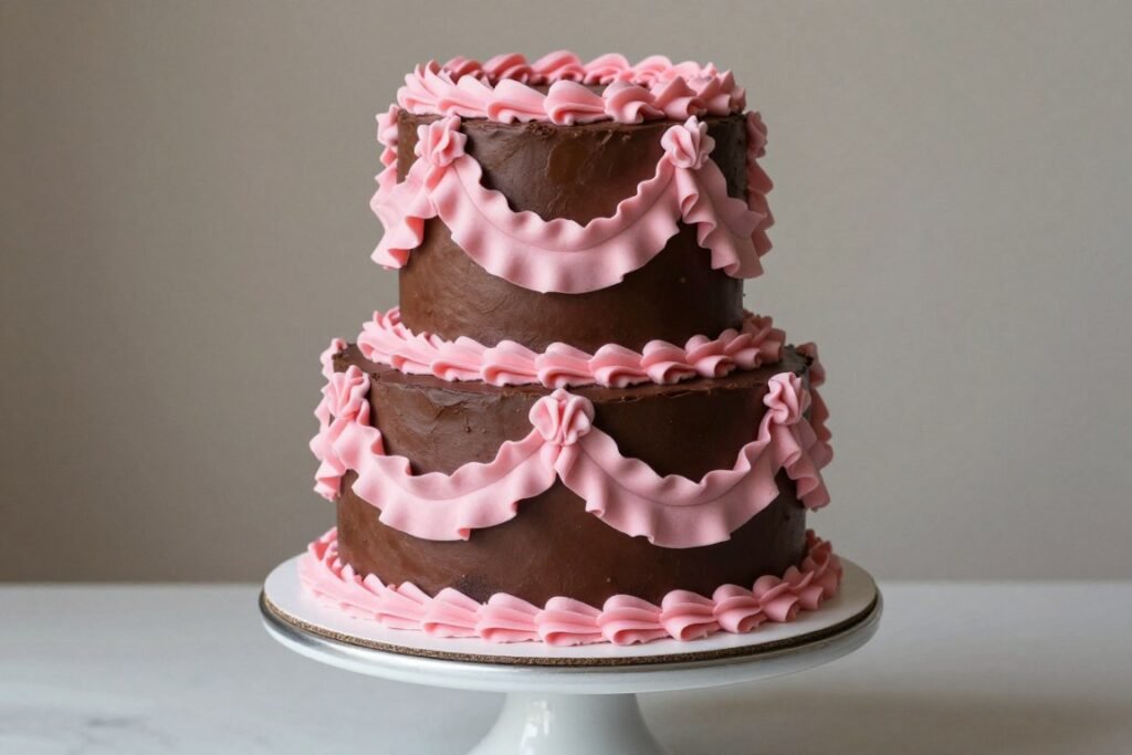 girly chocolate cake with cascading pink fondant ruffles
