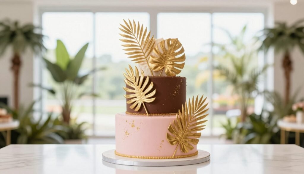girly chocolate cake with gold tropical palm leaves