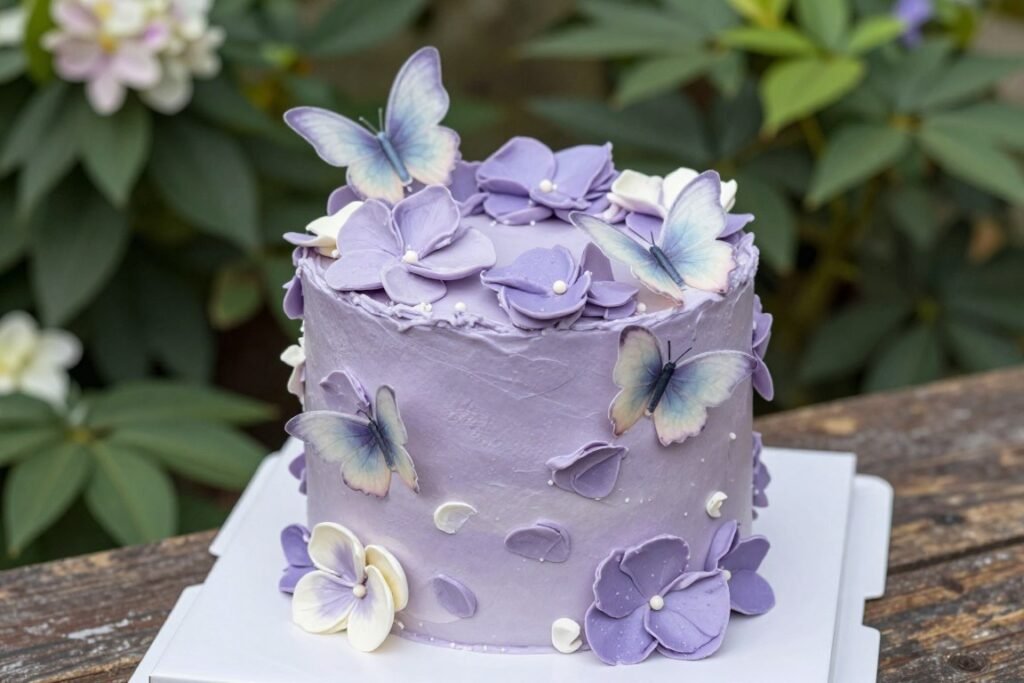 girly purple birthday cake butterfly garden theme