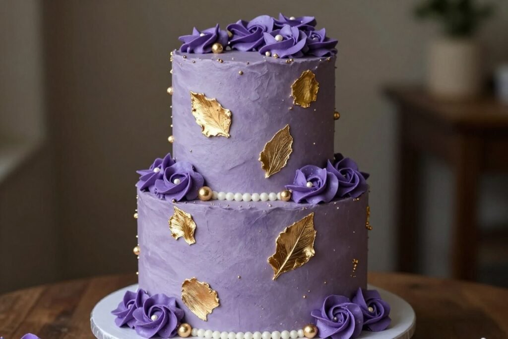 girly purple birthday cake gold leaf decoration