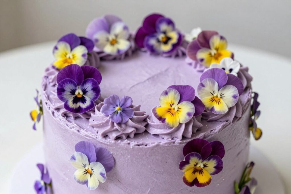 girly purple birthday cake with edible flowers
