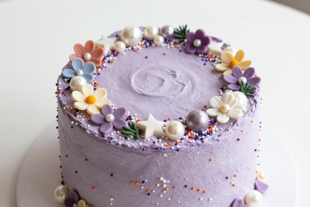 girly purple birthday cake with mixed decorations