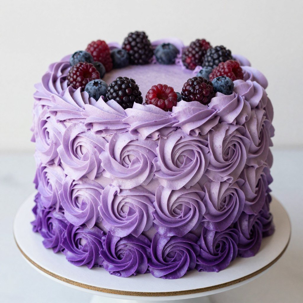 girly purple cake with ombre frosting rosettes