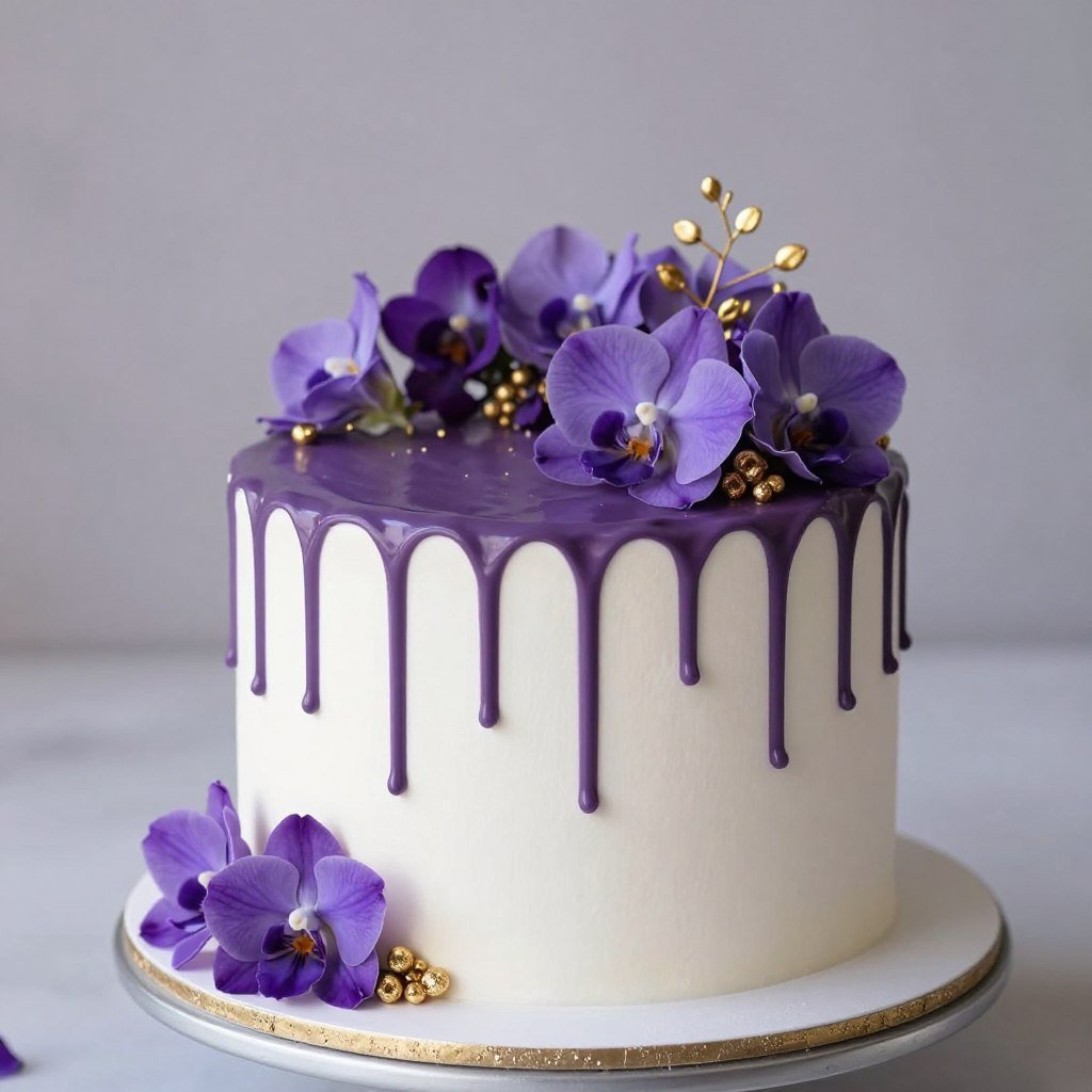 girly purple chocolate drip birthday cake