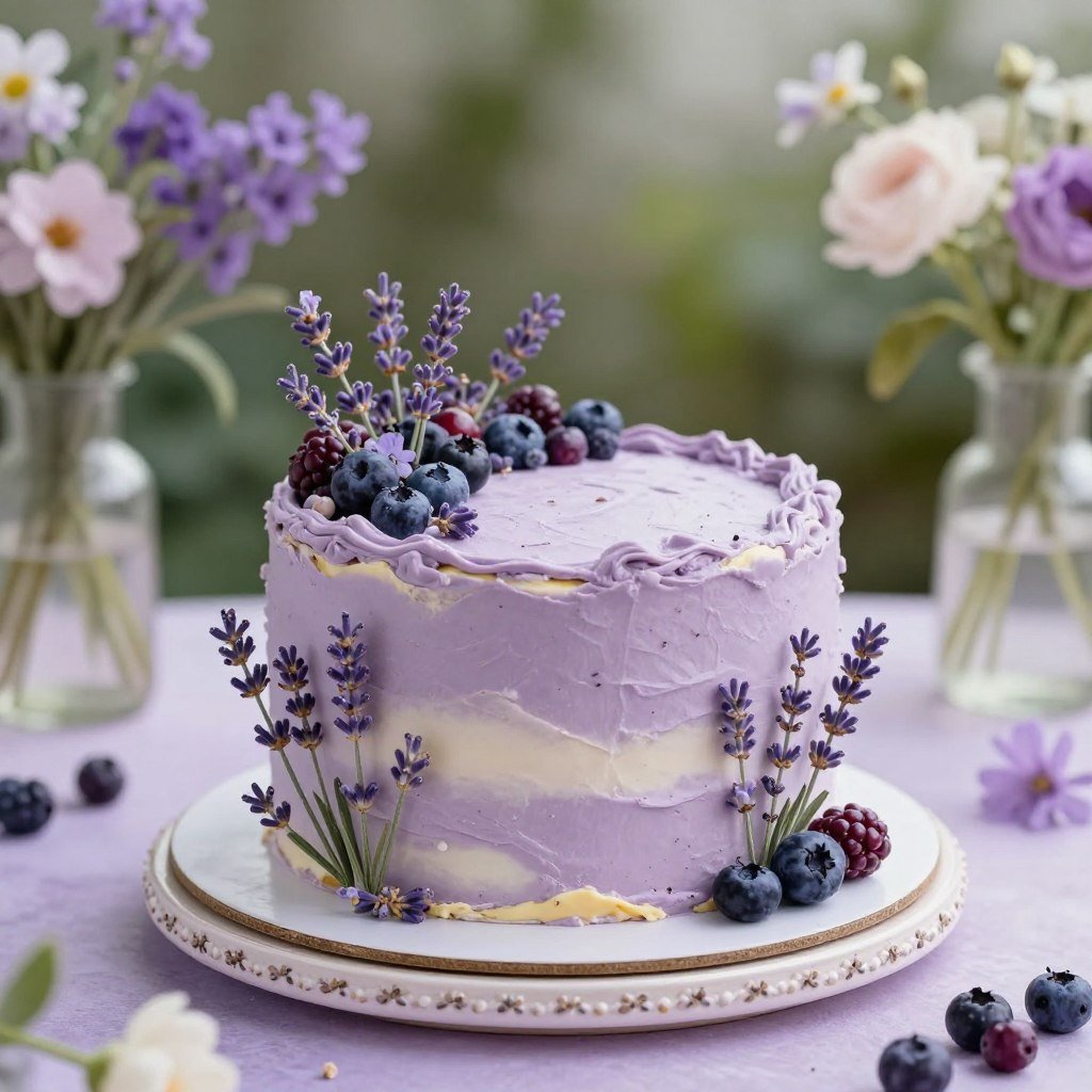 girly purple lavender cake with berries