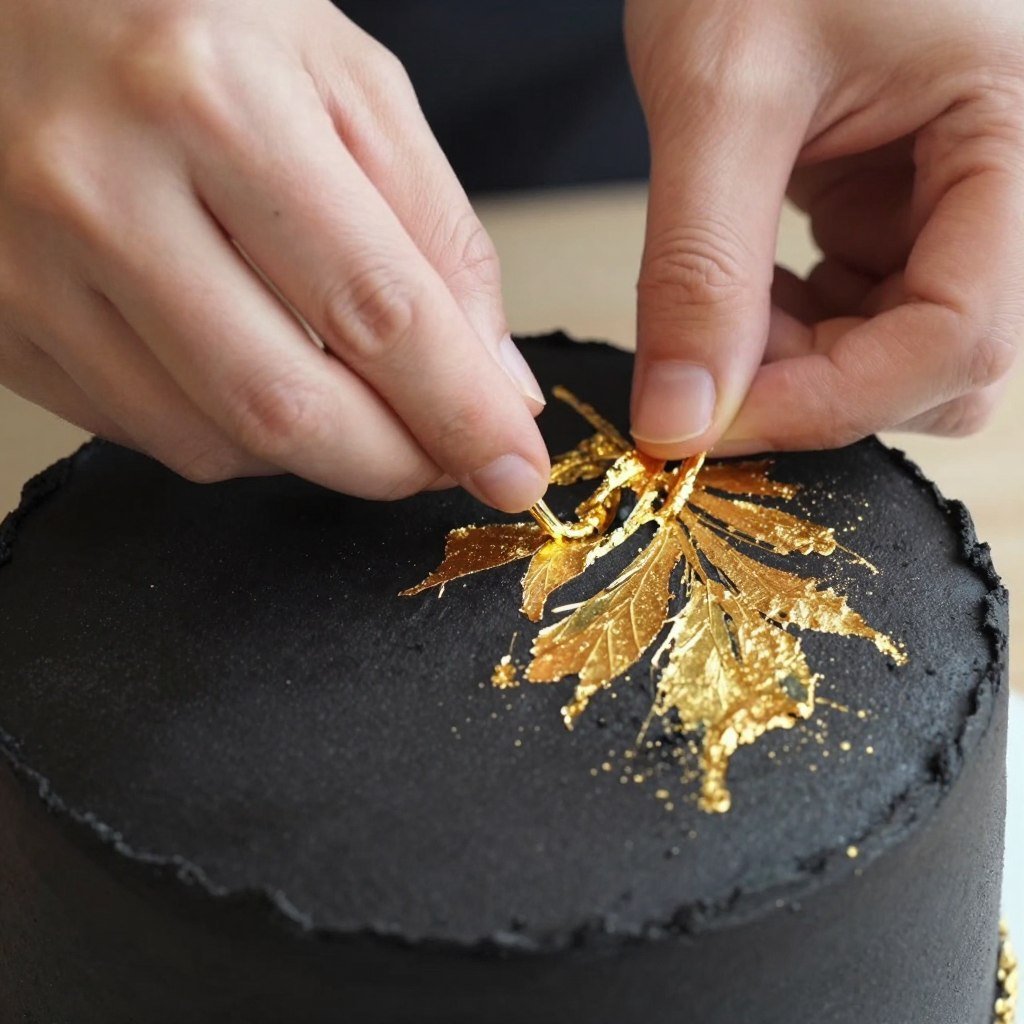 gold accent application on black cake gold accent application on black cake