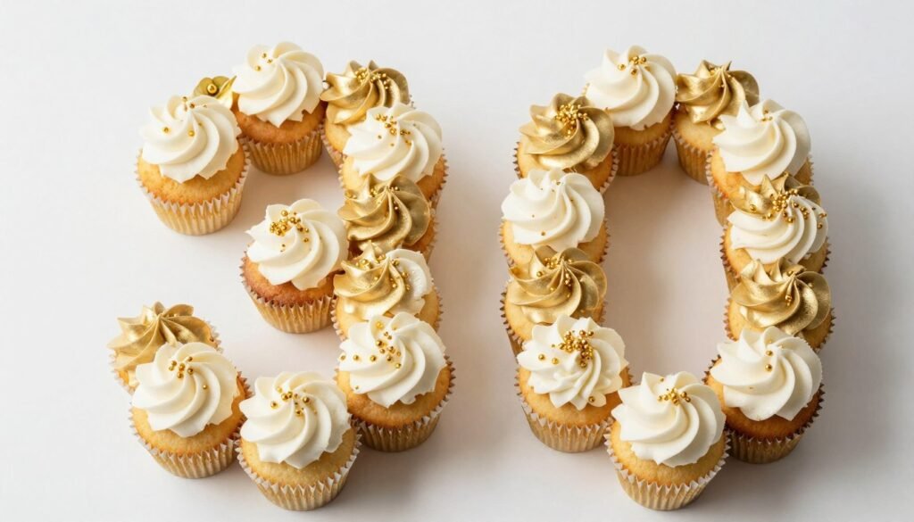 gold and white cupcake number 30 arrangement for birthday party