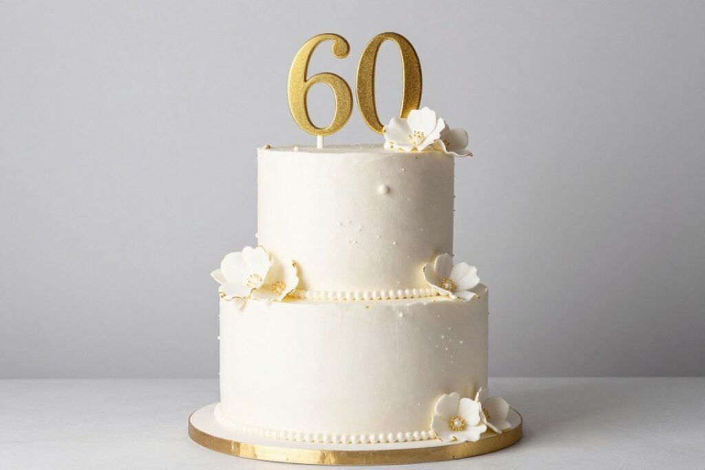gold and white tiered birthday cake with floral decorations for 60th celebration