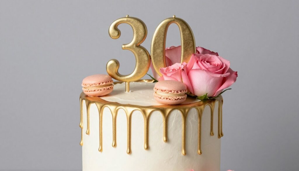 gold drip birthday cake with fresh roses and macarons on top