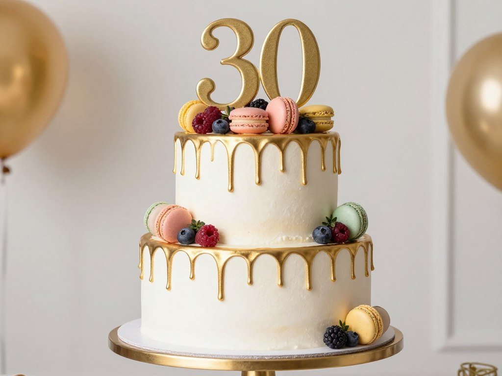 gold drip birthday cake with macarons on top