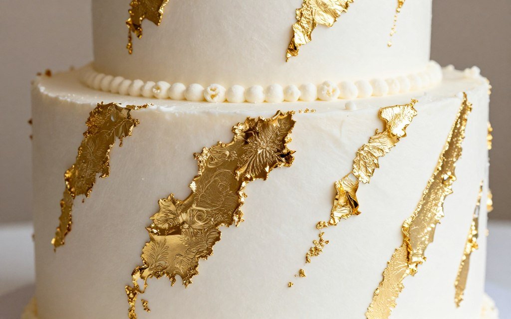 gold leaf decorated white birthday cake with luxury finish